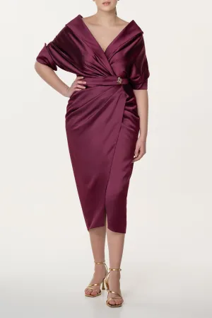 Angelina Satin Midi Dress in Burgundy