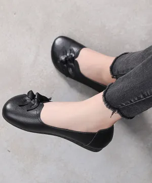 Black Bow Flat Shoes For Women Handmade Cowhide Leather Flat Shoes