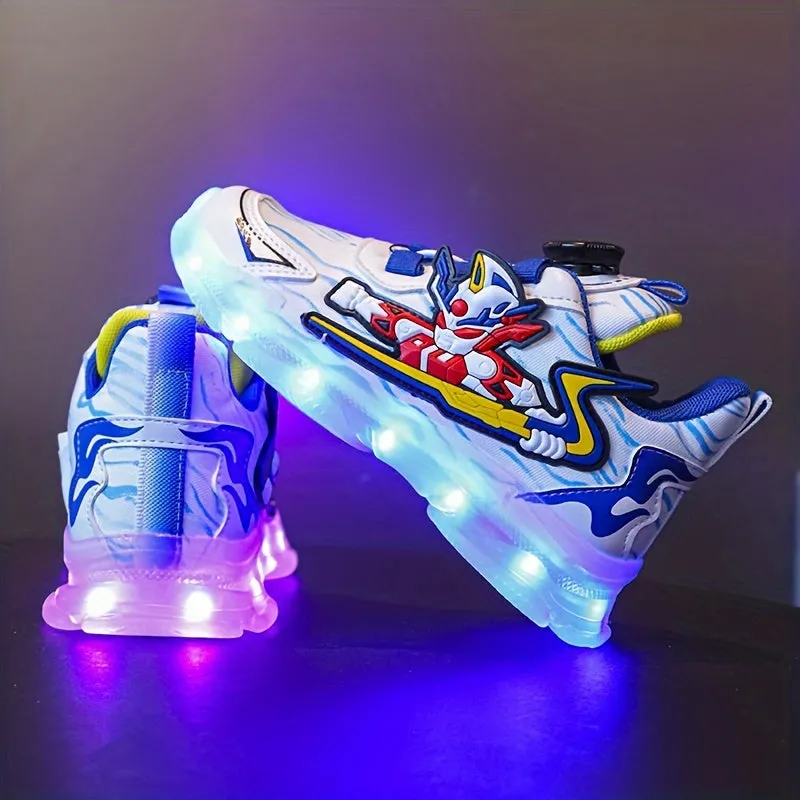 Boys Fashion-Forward LED Skateboard Sneakers with Exciting Cartoon Design - Dynamic Rotating Button & USB Rechargeable Lights - Superb Wear-resistant & Non-slip for All Seasons