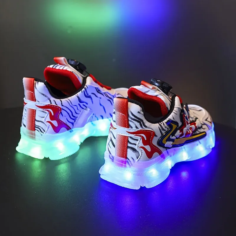 Boys Fashion-Forward LED Skateboard Sneakers with Exciting Cartoon Design - Dynamic Rotating Button & USB Rechargeable Lights - Superb Wear-resistant & Non-slip for All Seasons