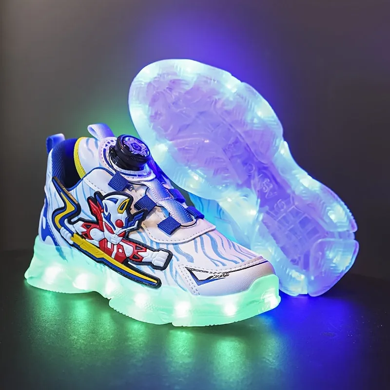 Boys Fashion-Forward LED Skateboard Sneakers with Exciting Cartoon Design - Dynamic Rotating Button & USB Rechargeable Lights - Superb Wear-resistant & Non-slip for All Seasons