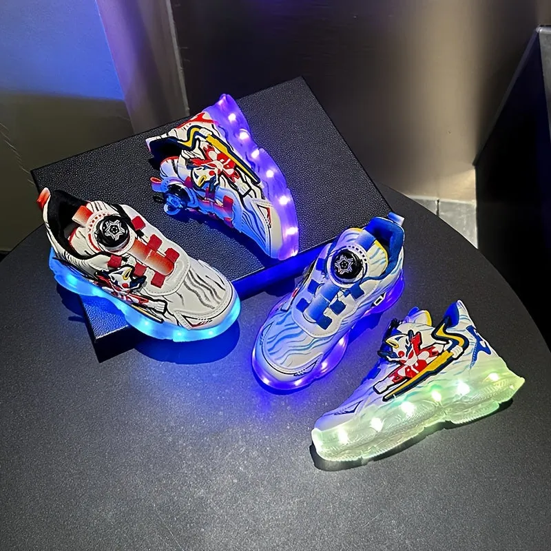 Boys Fashion-Forward LED Skateboard Sneakers with Exciting Cartoon Design - Dynamic Rotating Button & USB Rechargeable Lights - Superb Wear-resistant & Non-slip for All Seasons