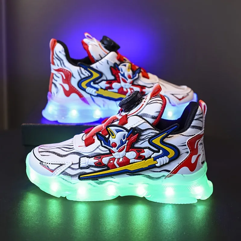 Boys Fashion-Forward LED Skateboard Sneakers with Exciting Cartoon Design - Dynamic Rotating Button & USB Rechargeable Lights - Superb Wear-resistant & Non-slip for All Seasons