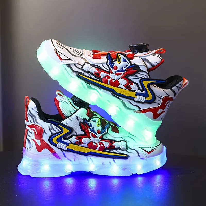 Boys Fashion-Forward LED Skateboard Sneakers with Exciting Cartoon Design - Dynamic Rotating Button & USB Rechargeable Lights - Superb Wear-resistant & Non-slip for All Seasons