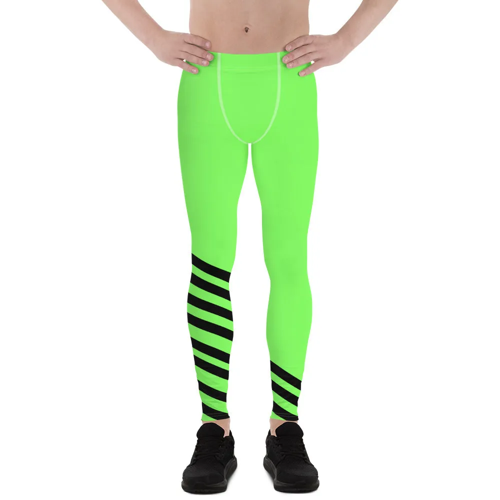 Bright Green Striped Meggings, Black Diagonal Stripe Print Men's Leggings-Made in USA/EU