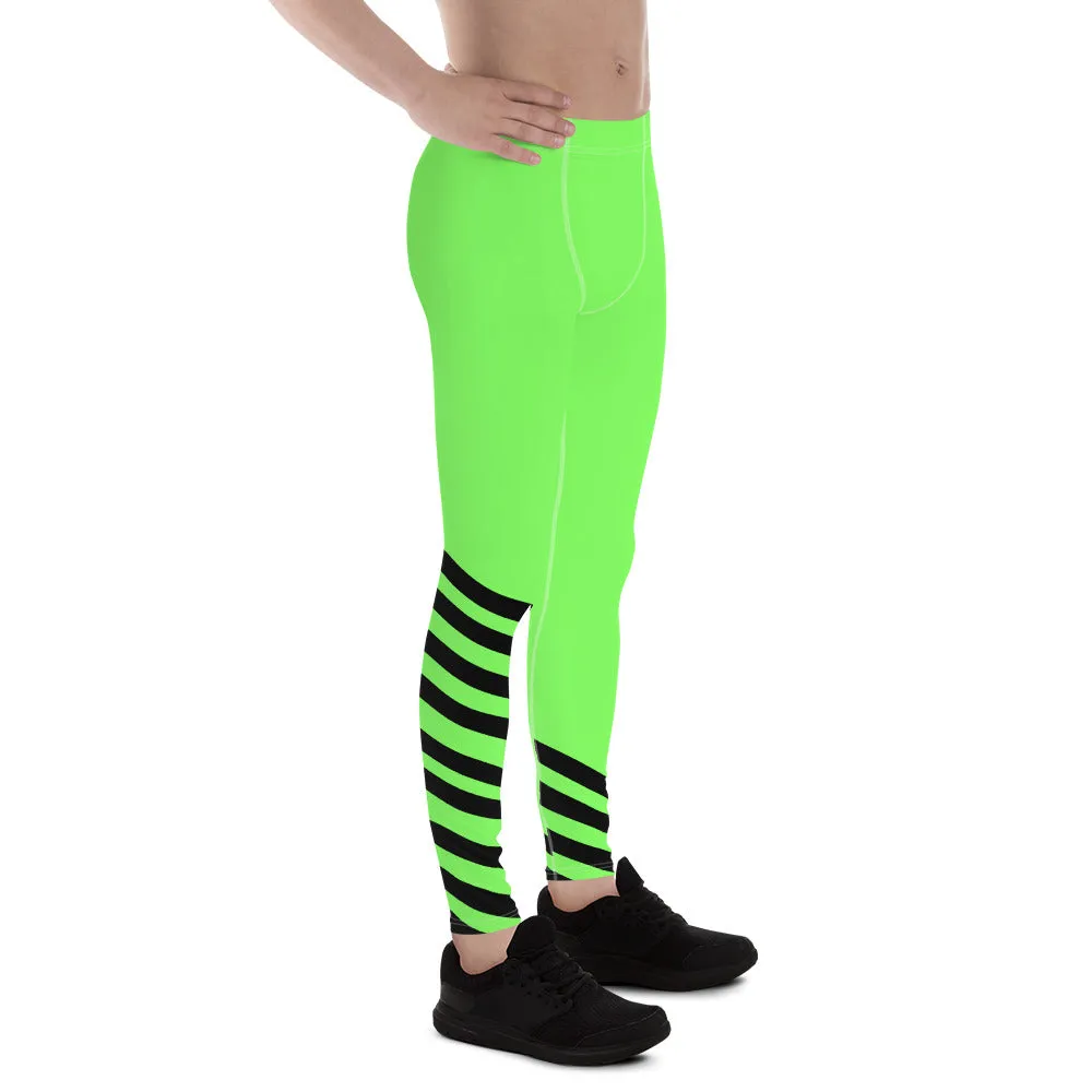 Bright Green Striped Meggings, Black Diagonal Stripe Print Men's Leggings-Made in USA/EU