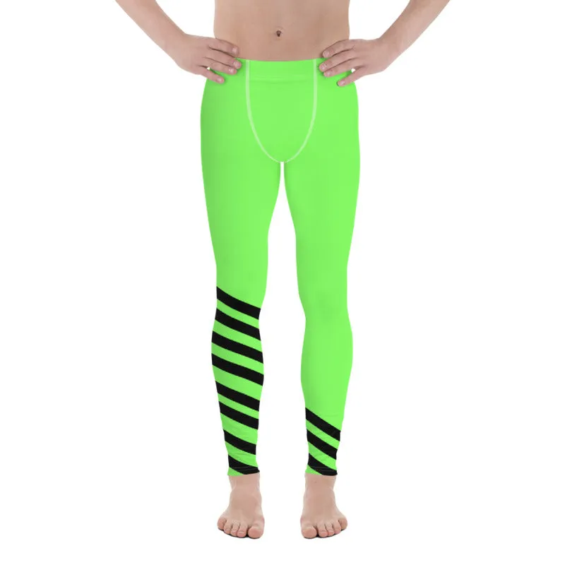 Bright Green Striped Meggings, Black Diagonal Stripe Print Men's Leggings-Made in USA/EU