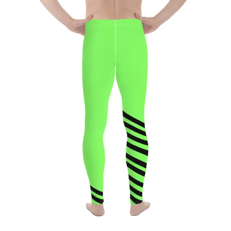 Bright Green Striped Meggings, Black Diagonal Stripe Print Men's Leggings-Made in USA/EU