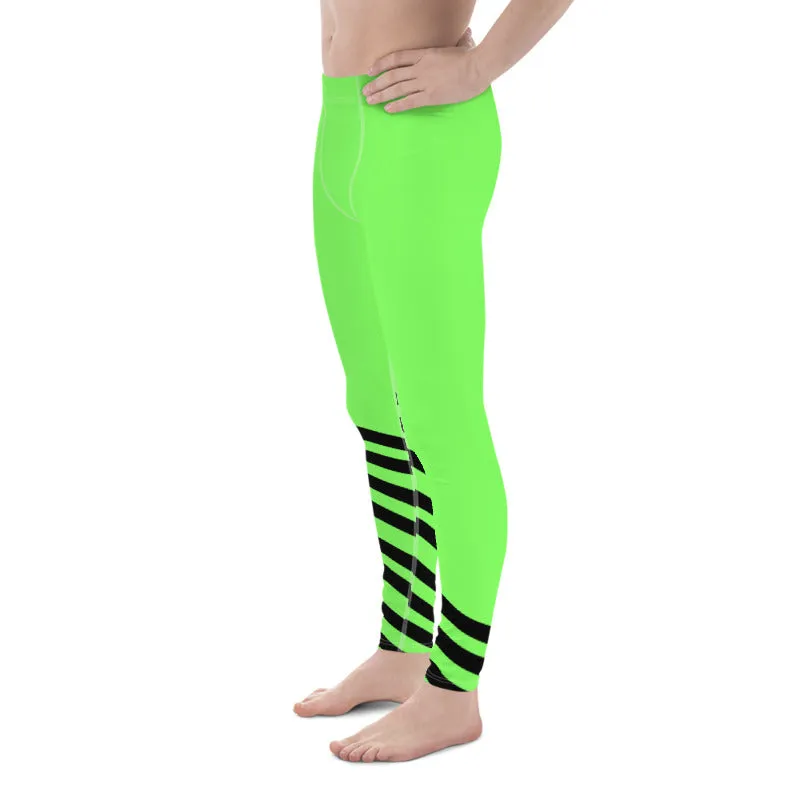 Bright Green Striped Meggings, Black Diagonal Stripe Print Men's Leggings-Made in USA/EU