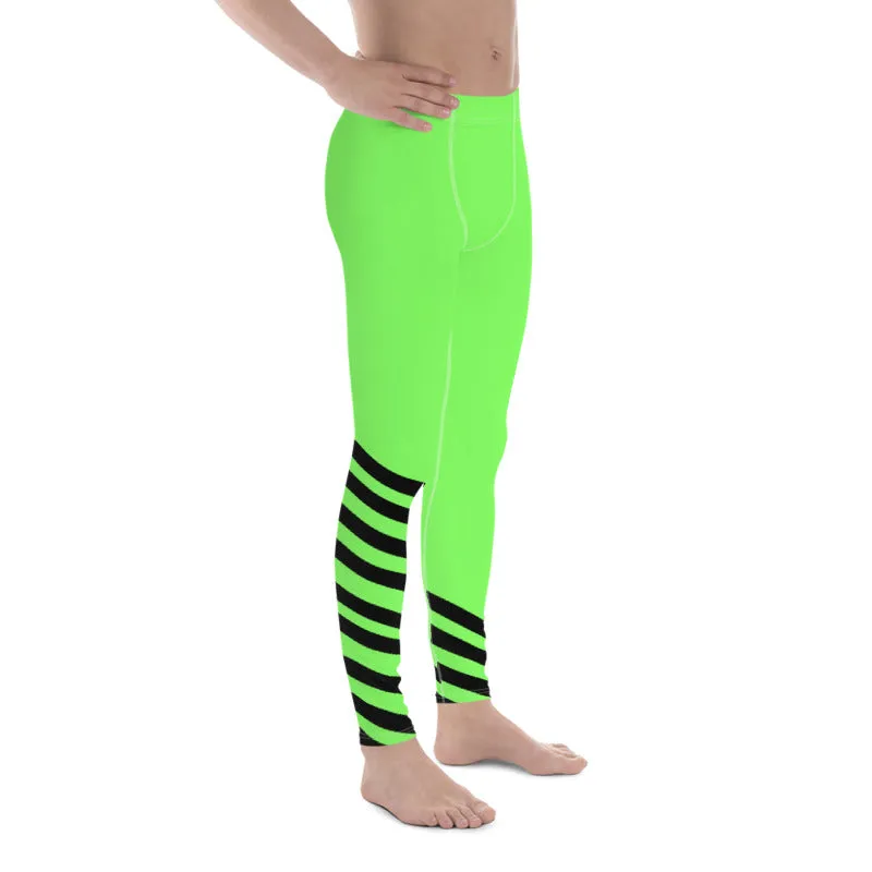 Bright Green Striped Meggings, Black Diagonal Stripe Print Men's Leggings-Made in USA/EU