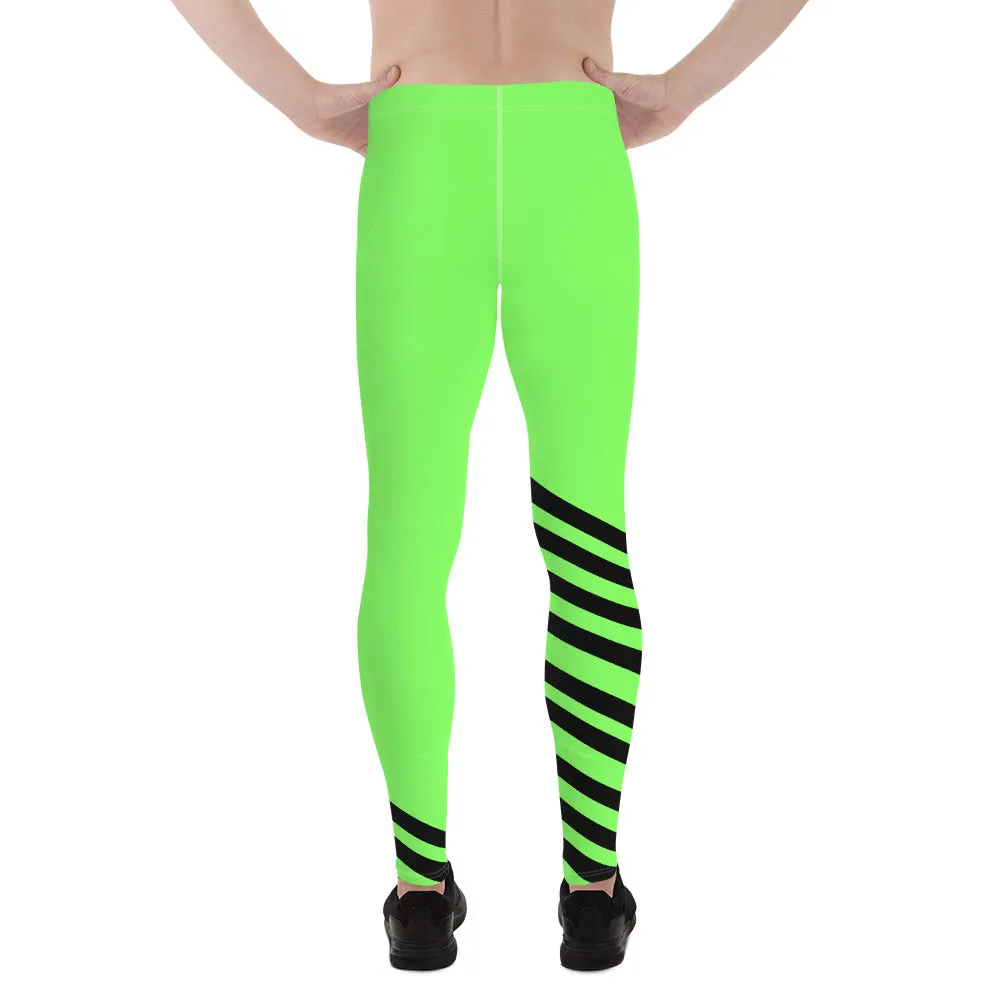 Bright Green Striped Meggings, Black Diagonal Stripe Print Men's Leggings-Made in USA/EU