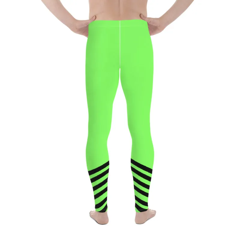 Bright Neon Green Men's Leggings, Diagonal Stripe Compression Rave Tights -Made in USA/ EU