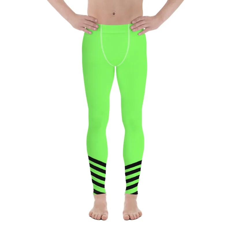 Bright Neon Green Men's Leggings, Diagonal Stripe Compression Rave Tights -Made in USA/ EU