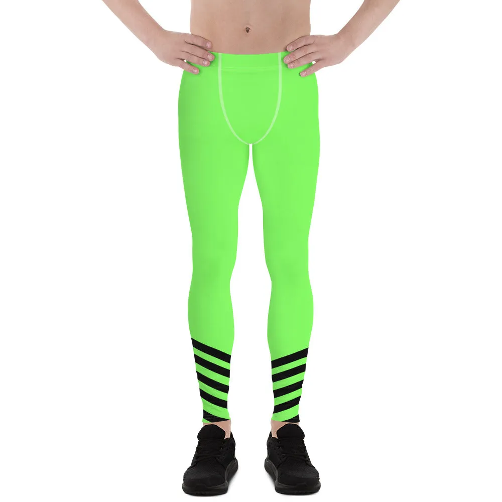 Bright Neon Green Men's Leggings, Diagonal Stripe Compression Rave Tights -Made in USA/ EU