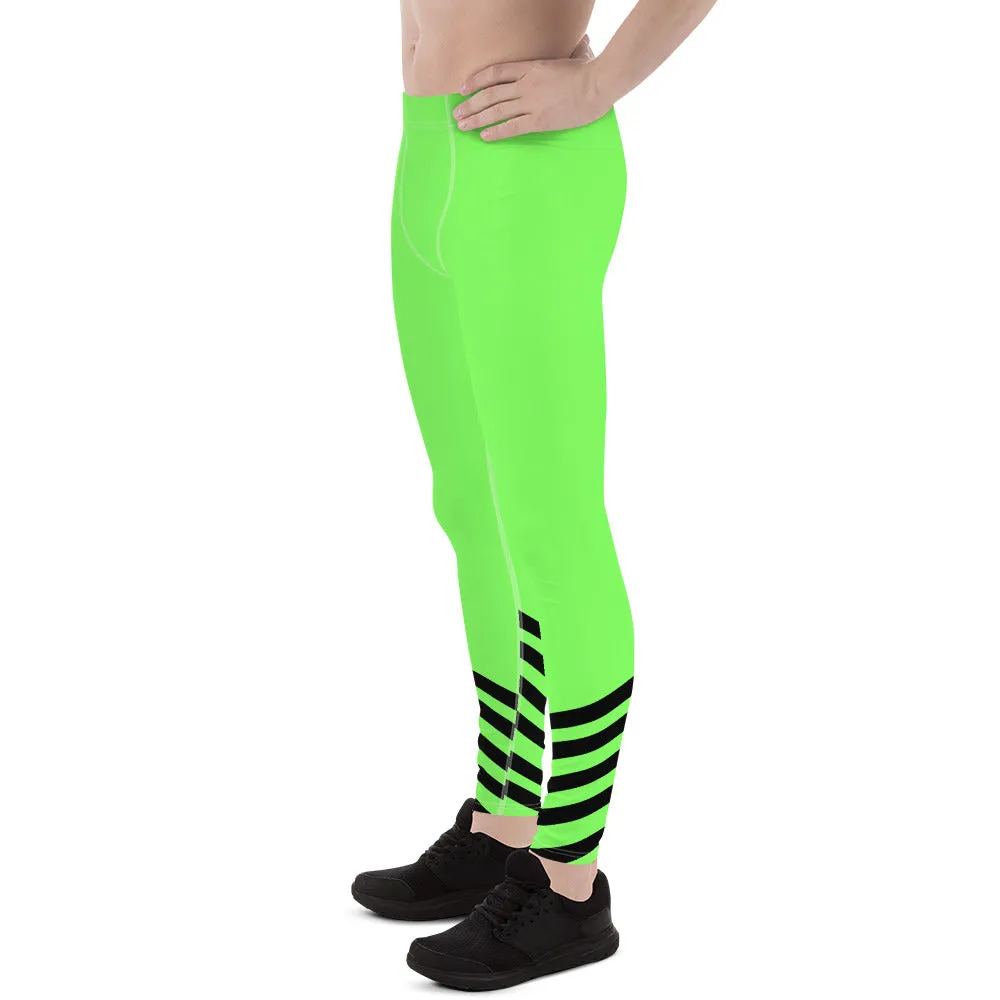 Bright Neon Green Men's Leggings, Diagonal Stripe Compression Rave Tights -Made in USA/ EU