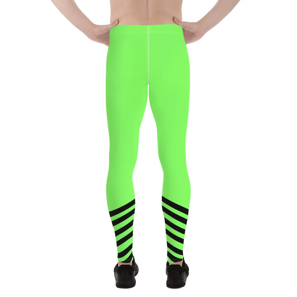 Bright Neon Green Men's Leggings, Diagonal Stripe Compression Rave Tights -Made in USA/ EU