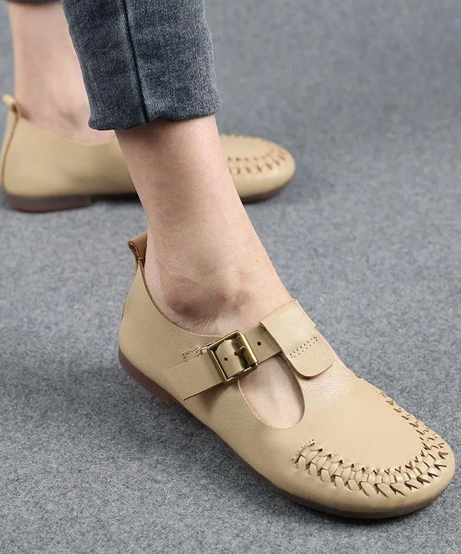 Cowhide Beige Leather Flat Shoes For Women Buckle Strap Hollow Out Flat Shoes