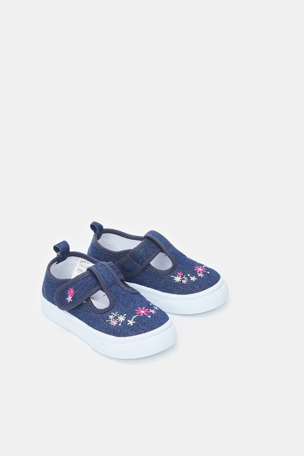 Girls Navy Floral Embroidery Pump