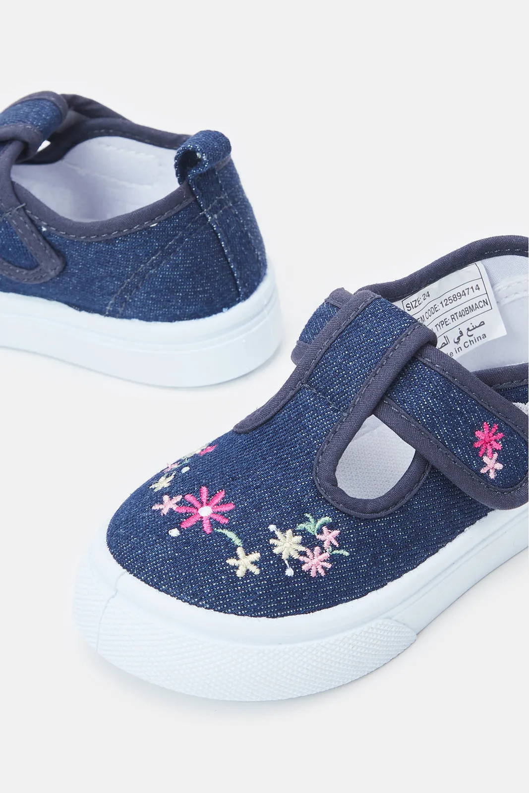 Girls Navy Floral Embroidery Pump