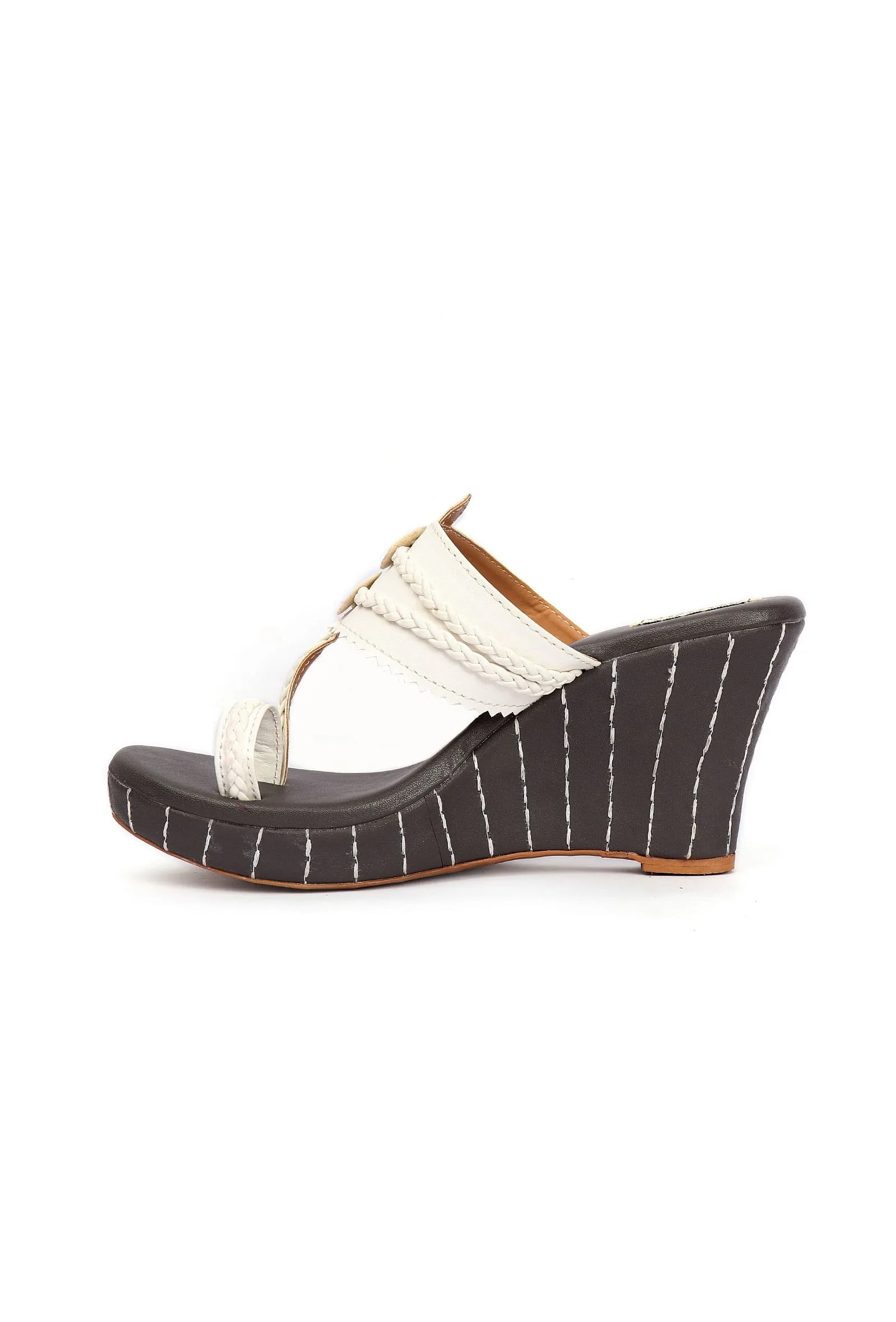 Iya White & Black Braided & Fringed One Toe Wedges