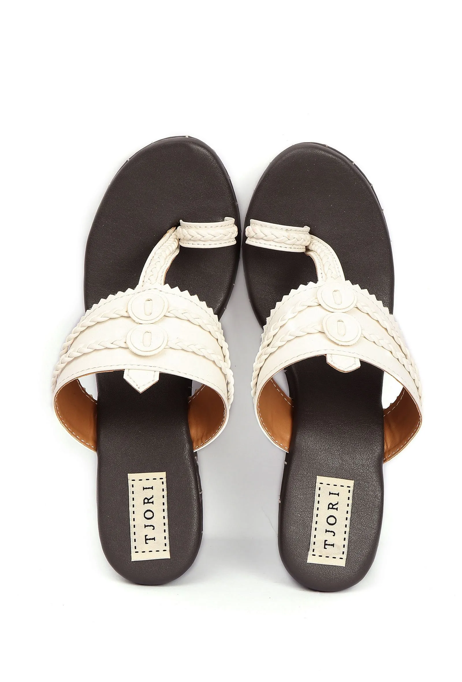 Iya White & Black Braided & Fringed One Toe Wedges