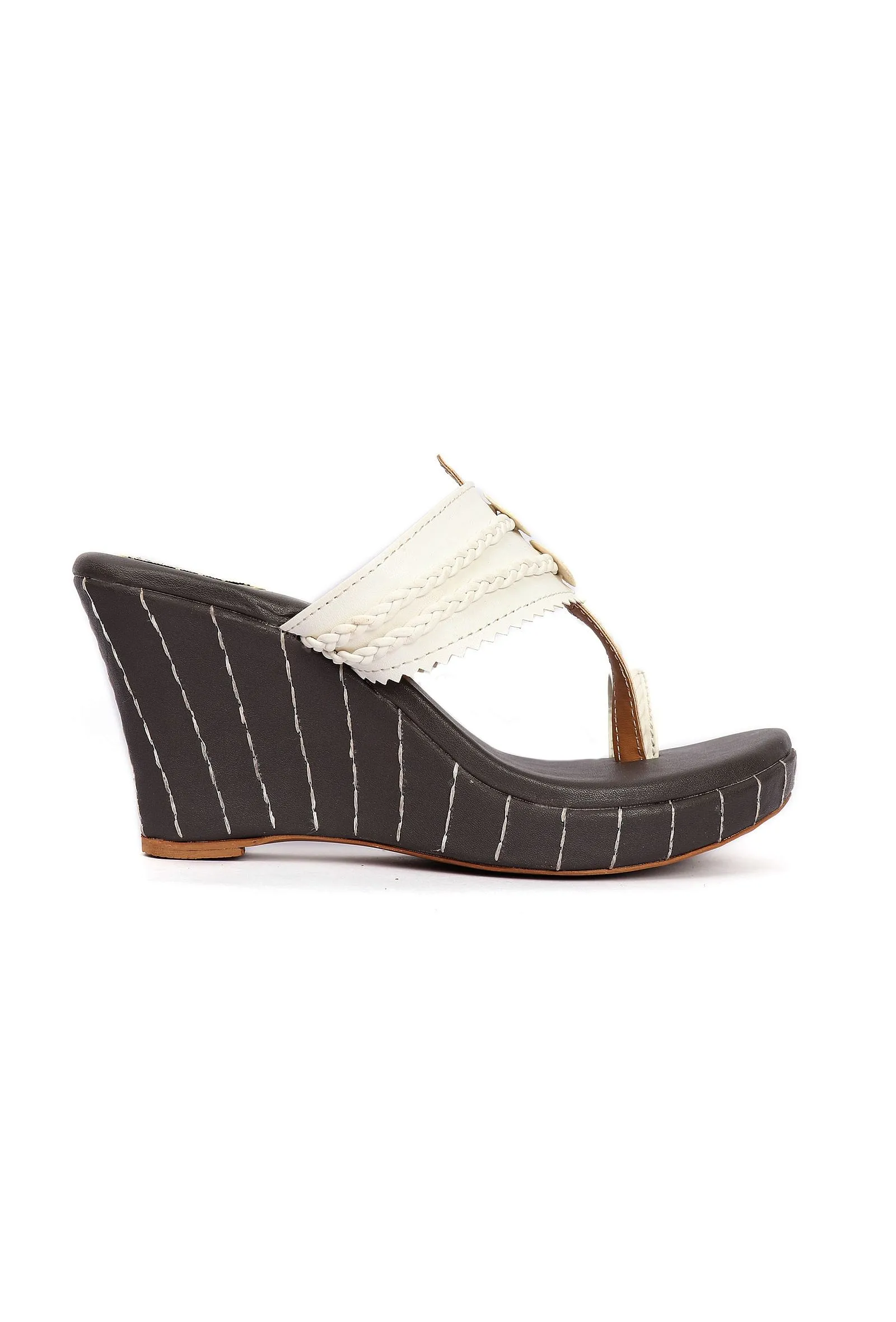 Iya White & Black Braided & Fringed One Toe Wedges