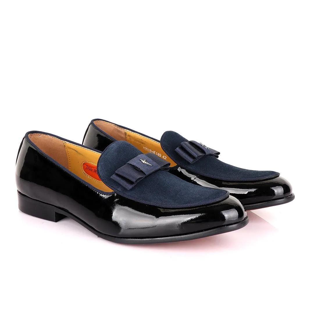 John Mendson Black Patent Bow With Blue Suede Loafers