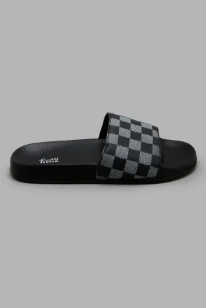 Men Grey And Black Checkered Slide