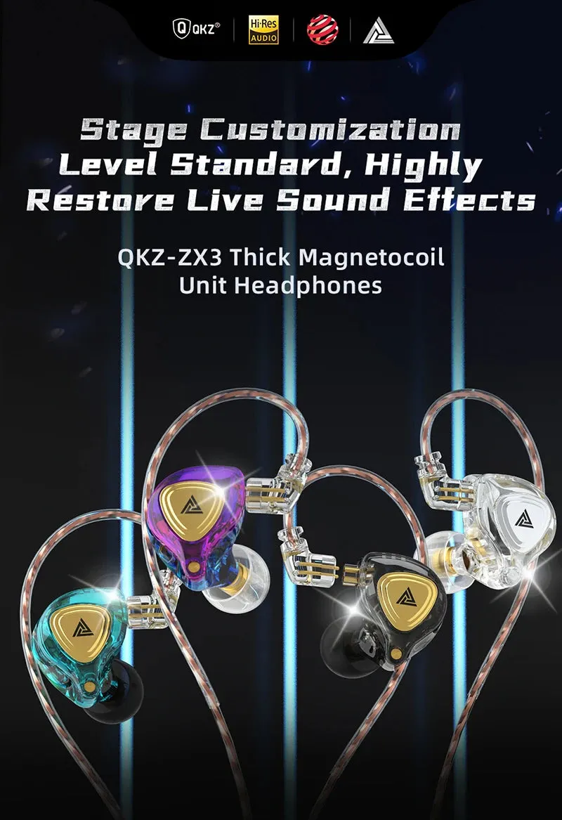 QKZ ZX3 No-Mic Dynamic Earphone In-Ear Monitor HiFi Heavy Bass Wired Headphones Gaming Sports Music Stereo Headsets