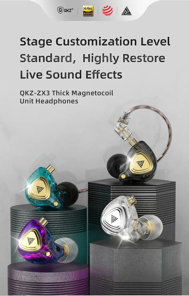 QKZ ZX3 No-Mic Dynamic Earphone In-Ear Monitor HiFi Heavy Bass Wired Headphones Gaming Sports Music Stereo Headsets