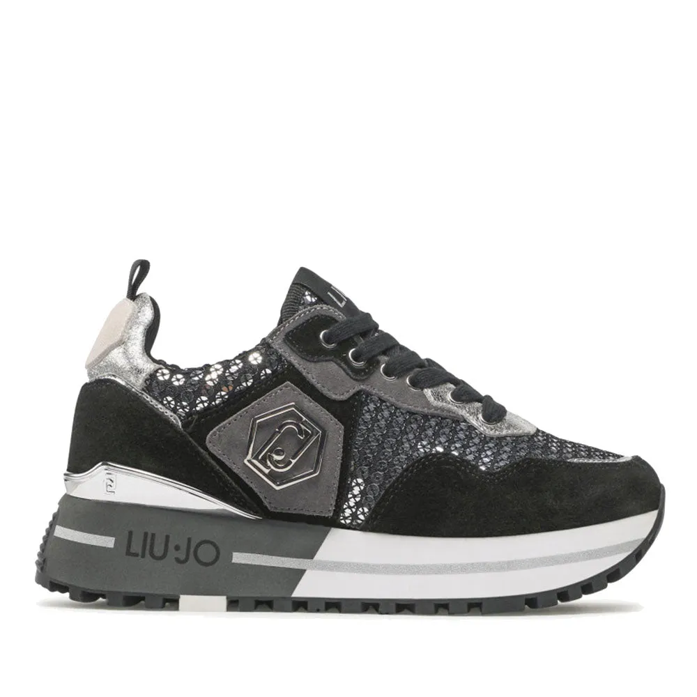 Scarpe Donna LIU JO Sneakers Platform Maxi Wonder 01 in Suede e Paillettes colore Nero e Silver