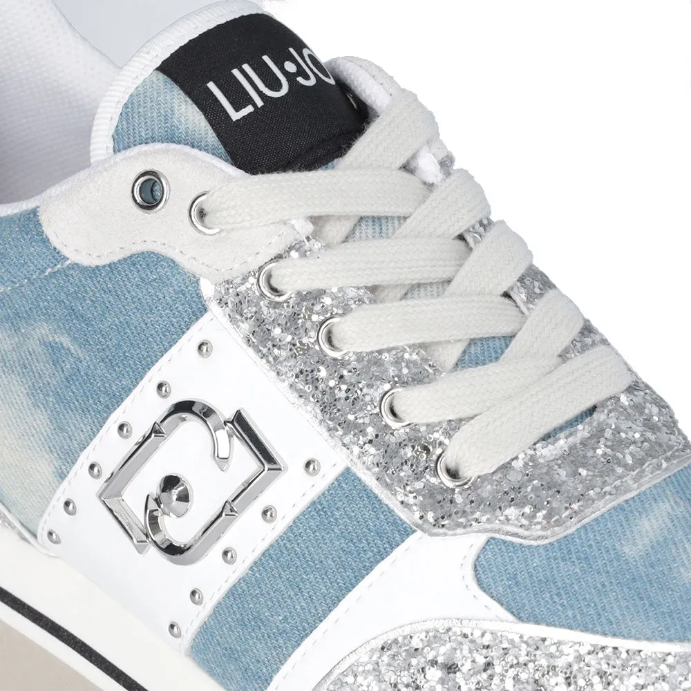 Scarpe Donna LIU JO Sneakers Platform Maxi Wonder 71 Denim Suede e Glitter colore Denim e Silver