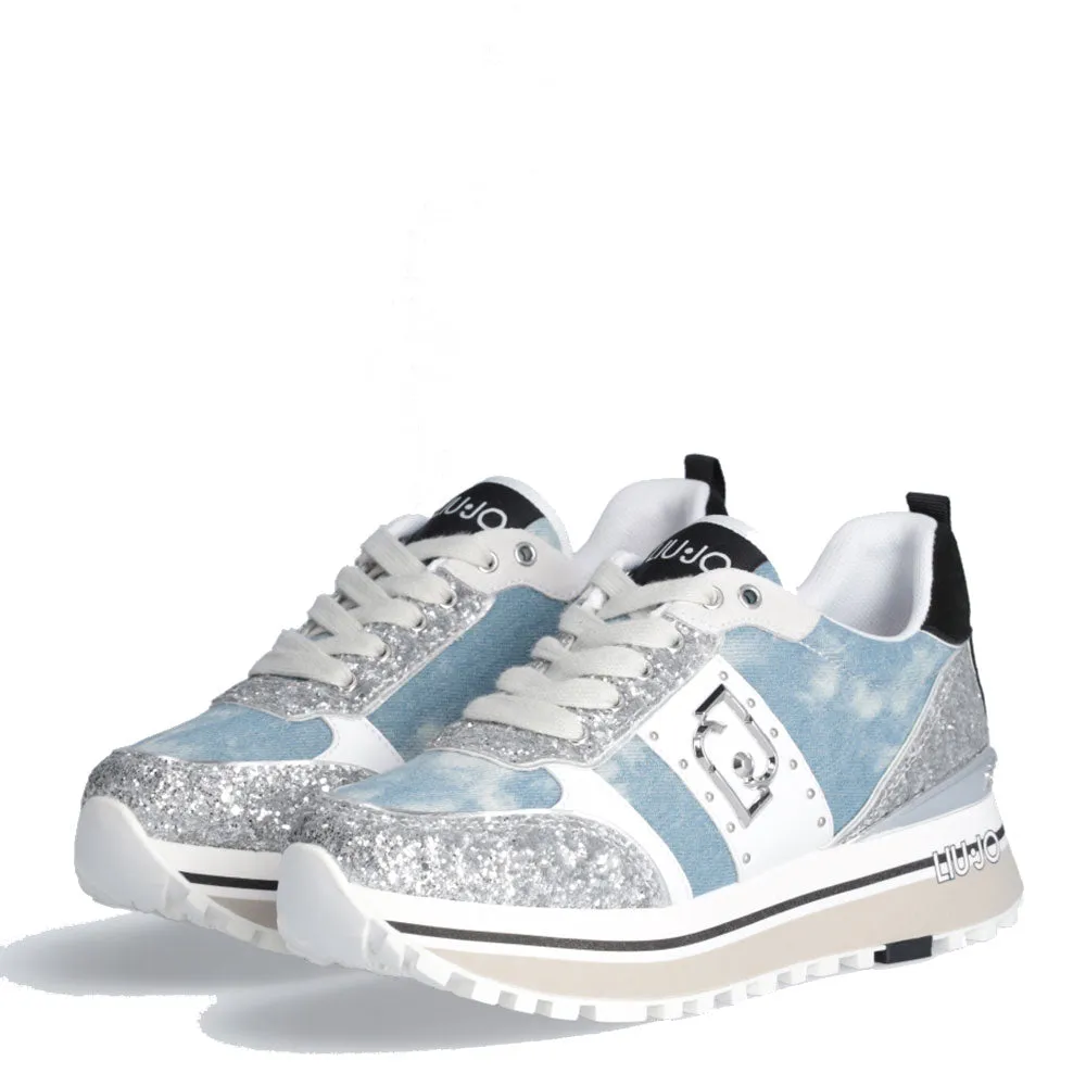 Scarpe Donna LIU JO Sneakers Platform Maxi Wonder 71 Denim Suede e Glitter colore Denim e Silver