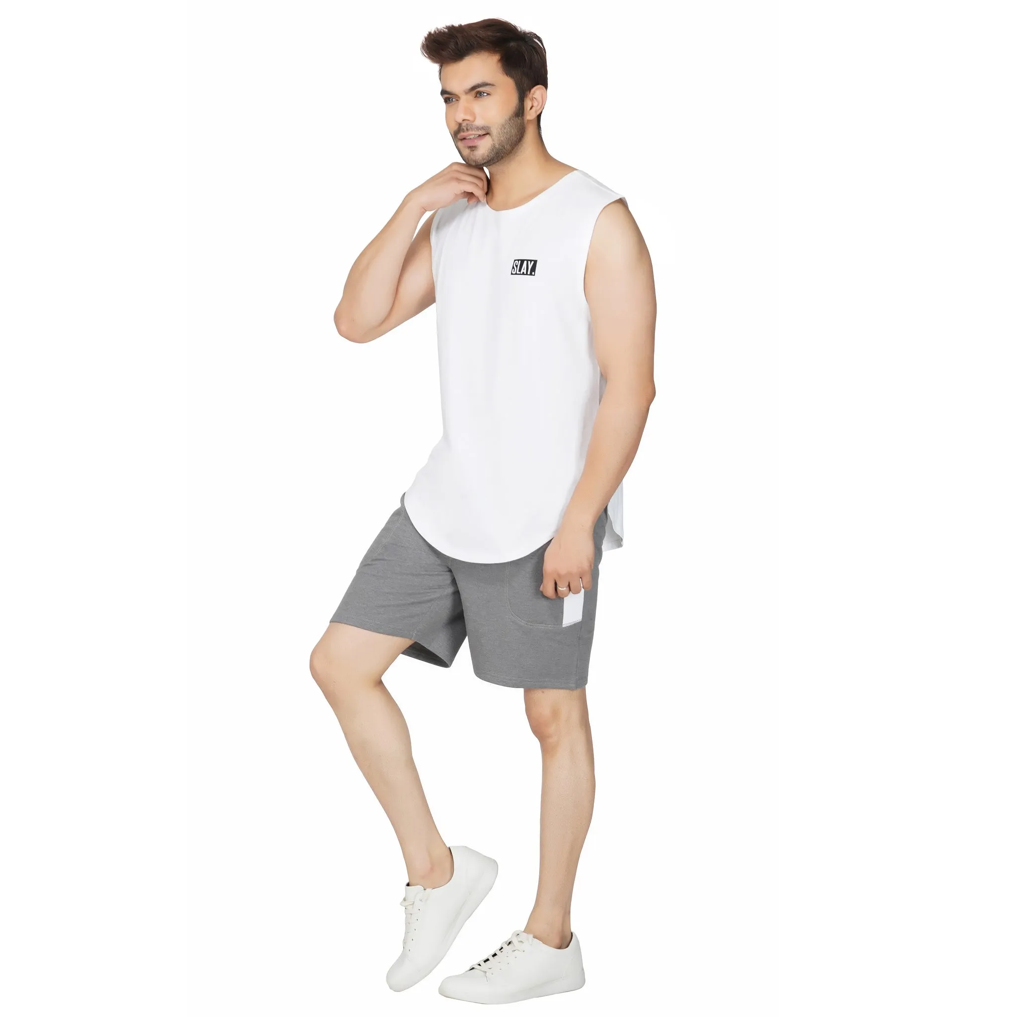 SLAY. Men's Light Grey Activewear Sports Shorts with White Stripes