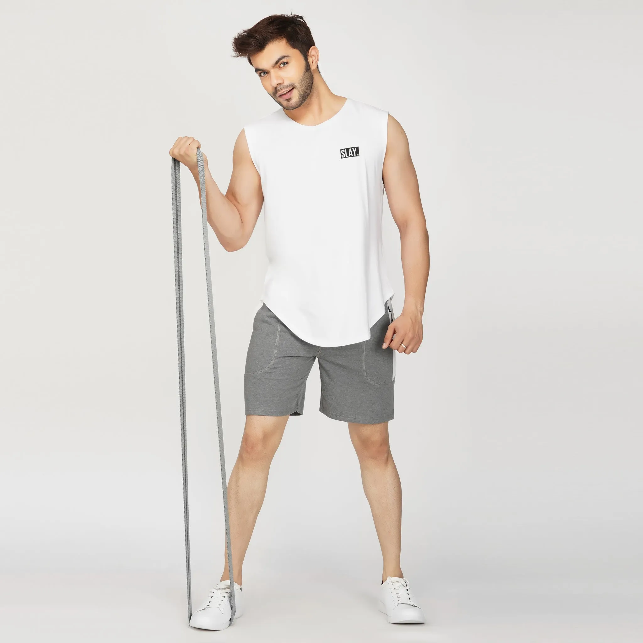 SLAY. Men's Light Grey Activewear Sports Shorts with White Stripes