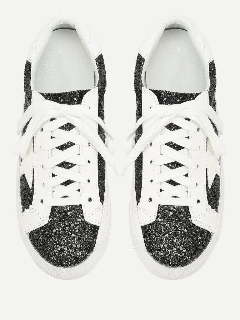 Star Patch Glitter Lace Up Sneakers