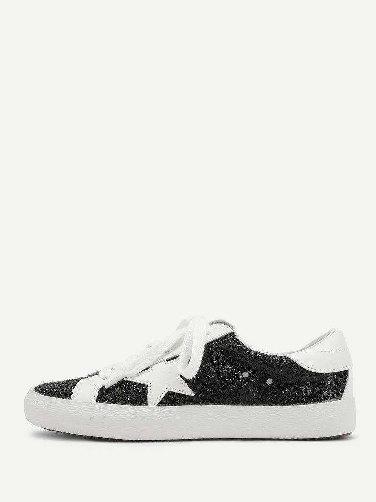 Star Patch Glitter Lace Up Sneakers