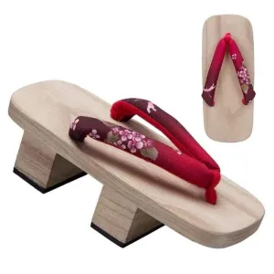 Women Two Teeth Geta Wooden Sandals [Gradient Red Cherry Blossom]